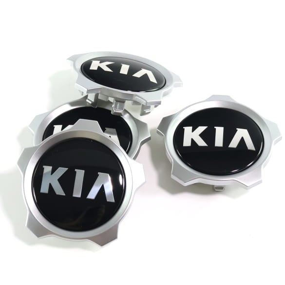 Nabendeckel Satz Schwarz glänzend mit silbernem Rand altes Logo Original KIA