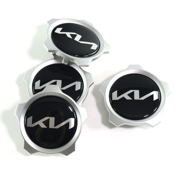 Nabendeckel Satz Schwarz glänzend mit silbernem Rand neues Logo Original KIA